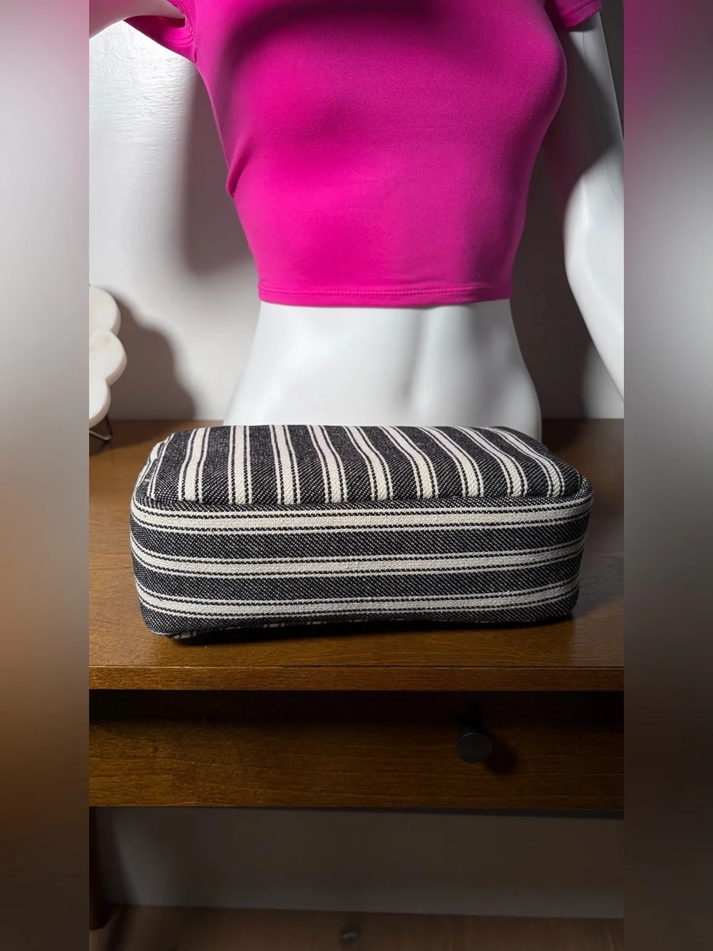 Gloss & Glo - “LAKE” Cosmetic Bag Black & White Striped with Gold Trim Font